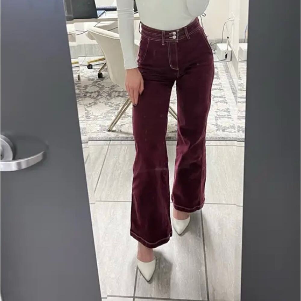 Joe's Jeans Burgundy Wide Leg SIZE 25 Denim High Waisted Long Fall Designer $248 - Picture 6 of 15